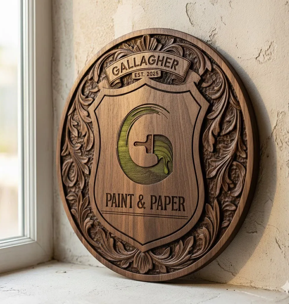 Gallagher Paint and Paper hand-carved family crest